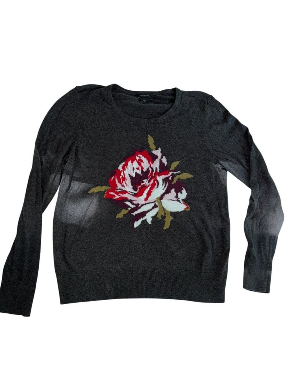 Ann Taylor charcoal gray red rose intarsia knit crew neck sweater L